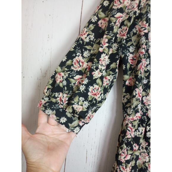 Vintage Dress 14 Large Long Sleeve Pleated Black Pink Flowers Secretary Breli - Picture 4 of 10